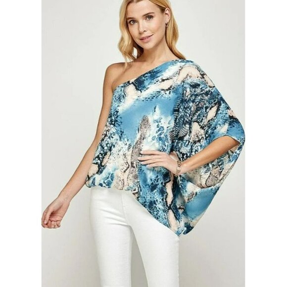NEW Radiant One Shoulder Blue Blouse Snakeskin Blush Boho Top Bluson Size Small - Picture 4 of 6